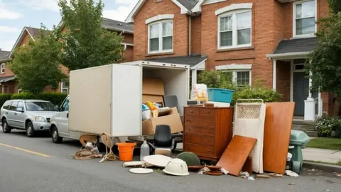 Movers loading furniture into a large moving truck.